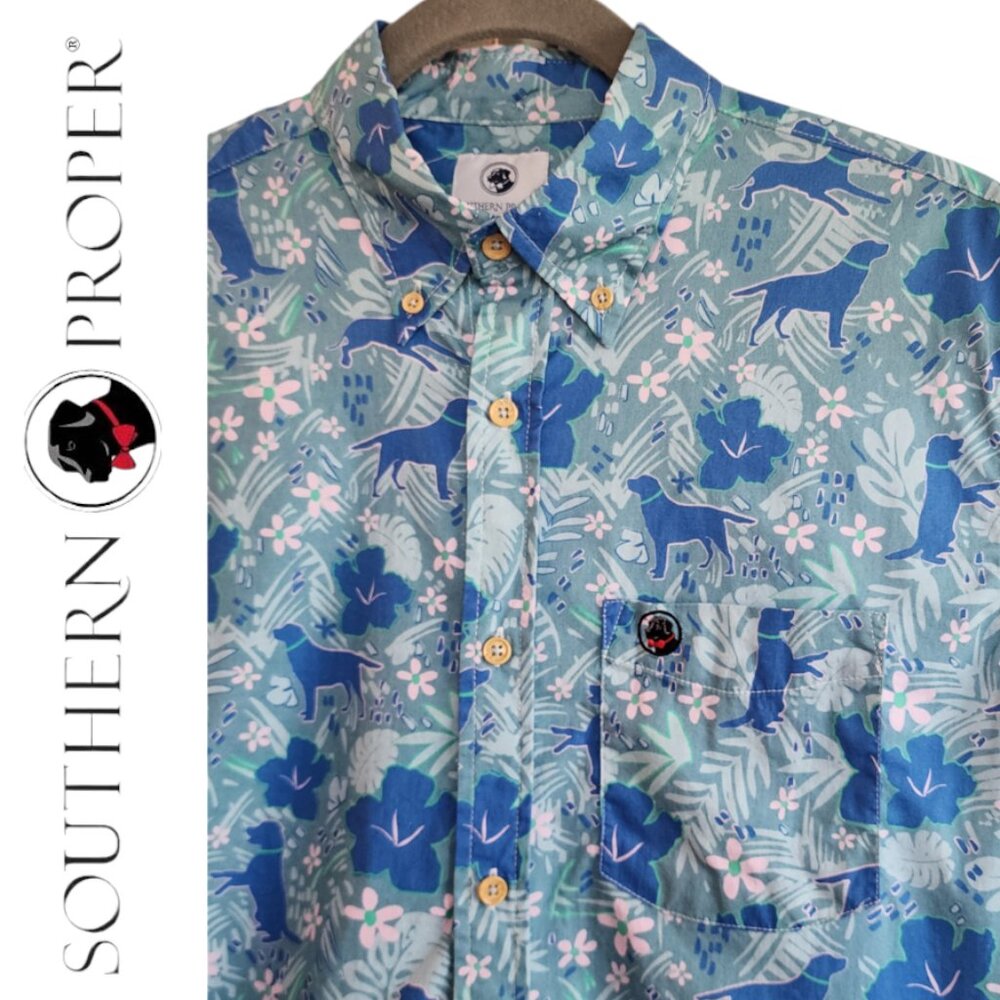 Southern Proper S Short Sleeve Button Down Cocktail Shirt Blue Green Dog